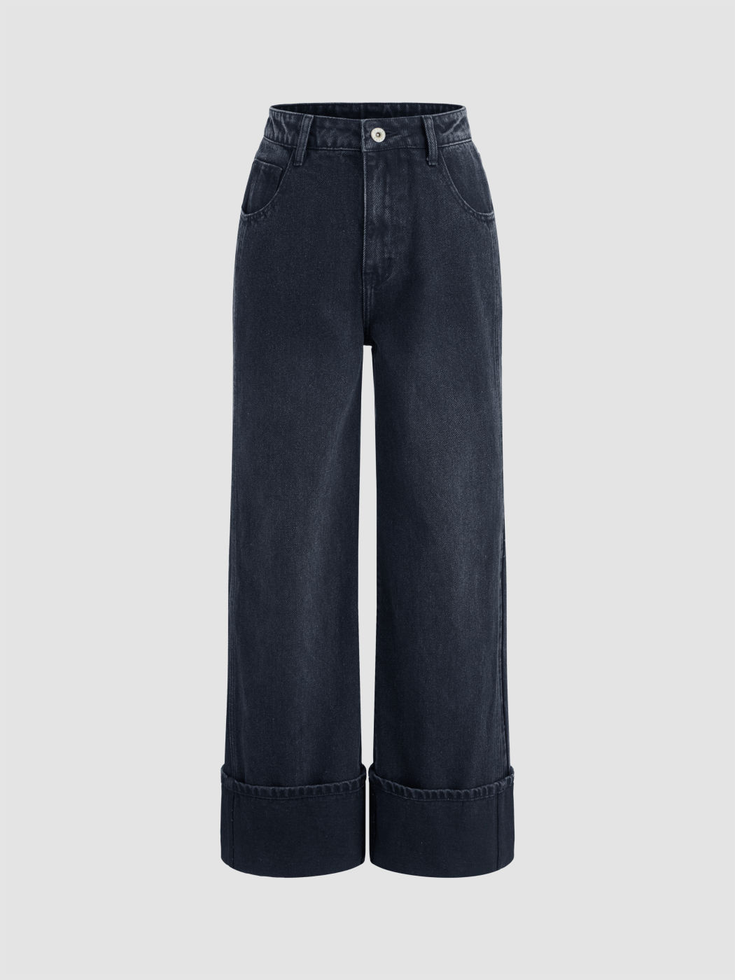  Hohe Taille Solid Reißverschluss Weite Bein Jeans