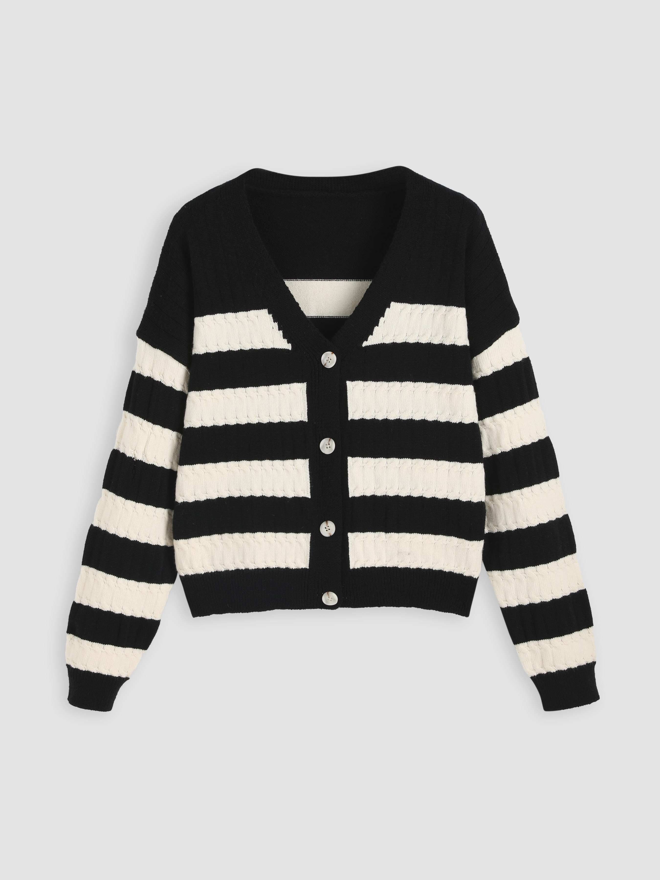 Knit Fabric Cable Knit V-neck Stripe Button Cardigan For School Daily ...