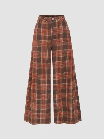 Pantaloni a vita media con bottoni check a gamba larga