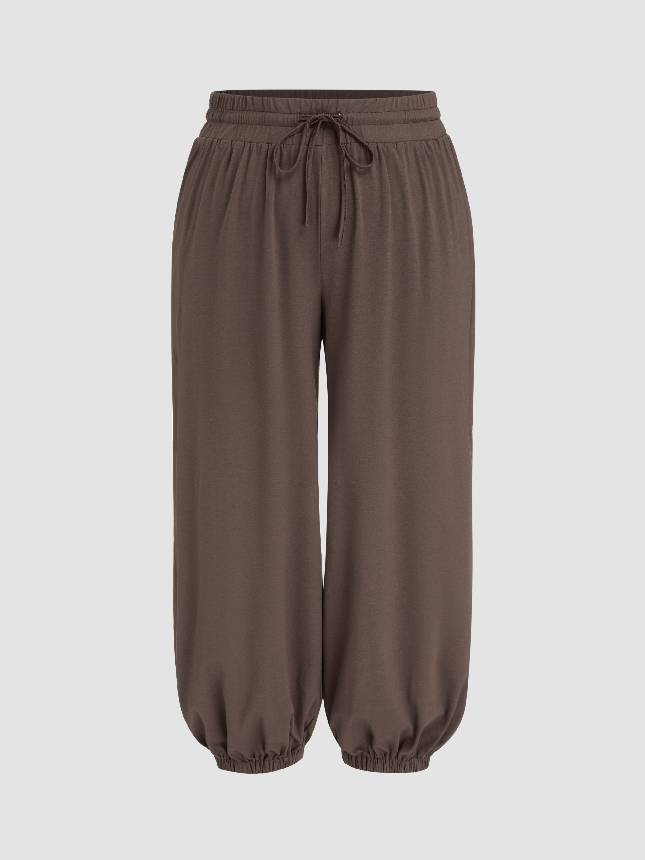 Solid Rib Drawstring Wide Leg Pants - Cider