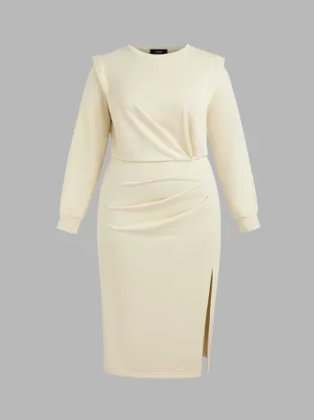 Round Neckline Split Ruched Midi Dress Curve & Plus