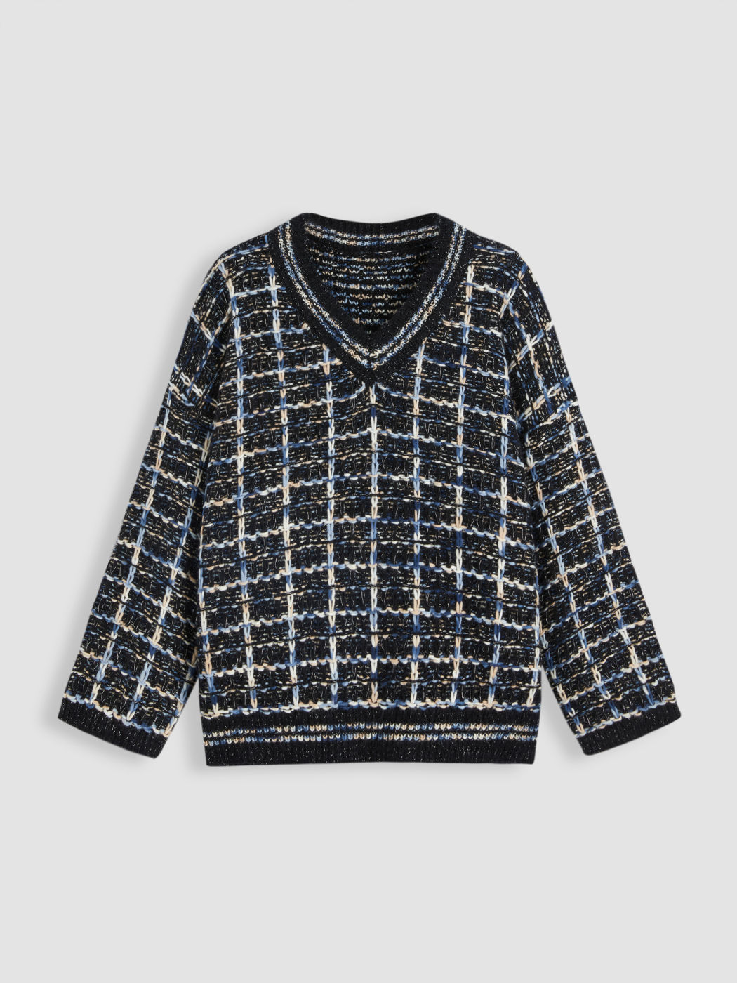 V-neck Solid Metallic Knitted Long Sleeve Top