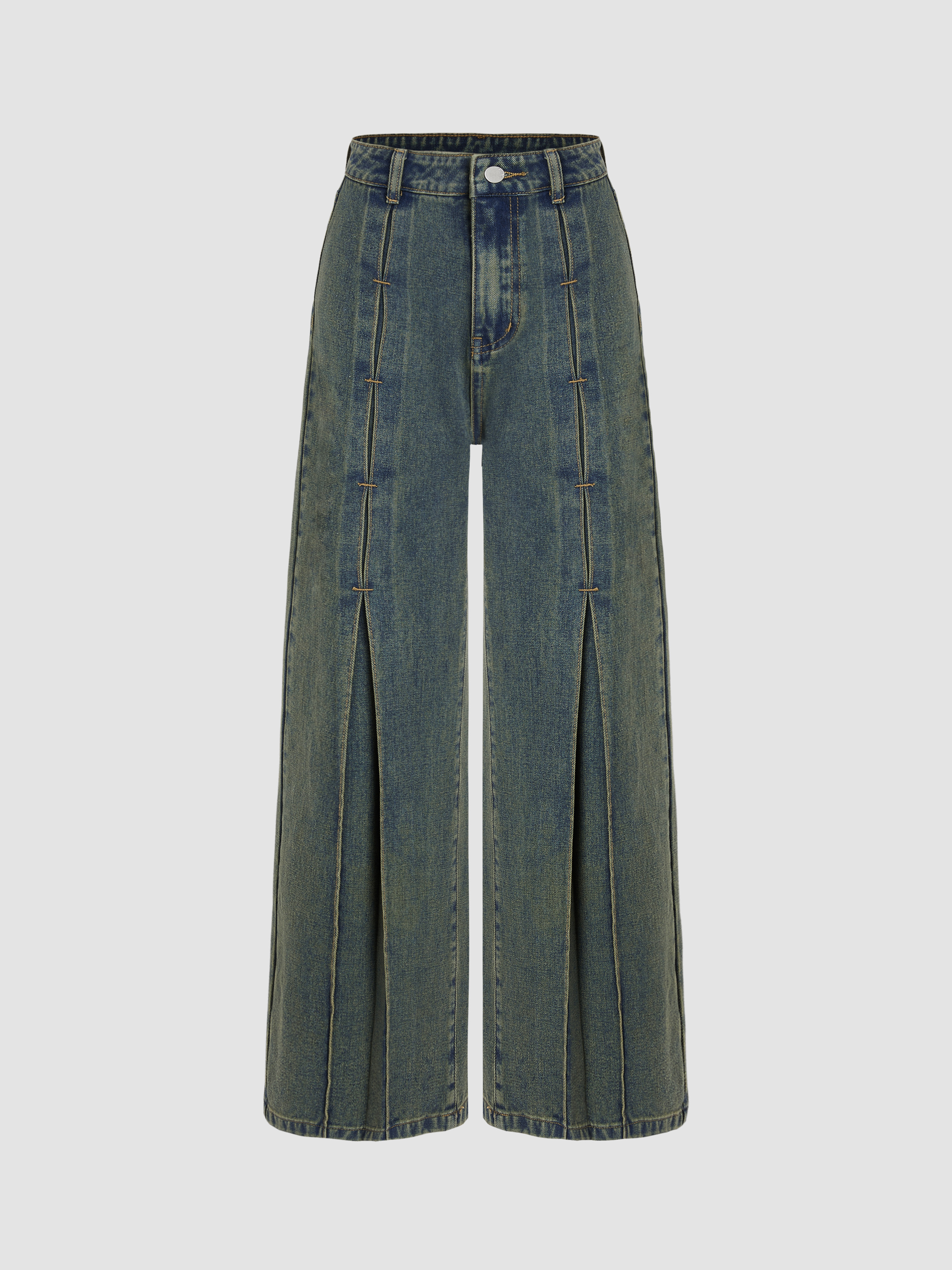 High Waist Solid Pleated Wide Leg Jeans Cider