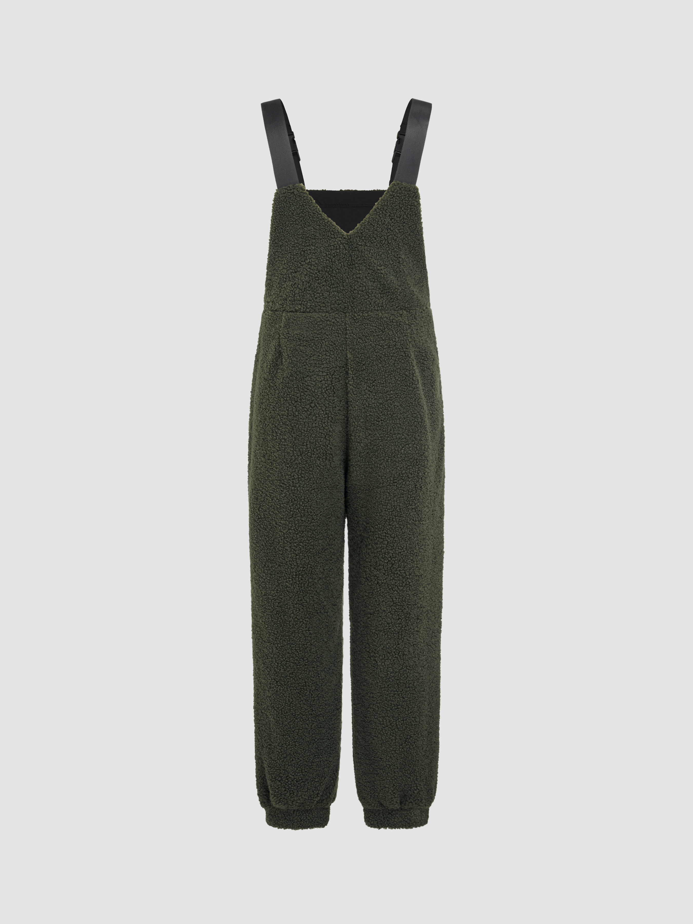 Sherpa Fleece Square Neck Pocket Buckle Jumpsuit For School
