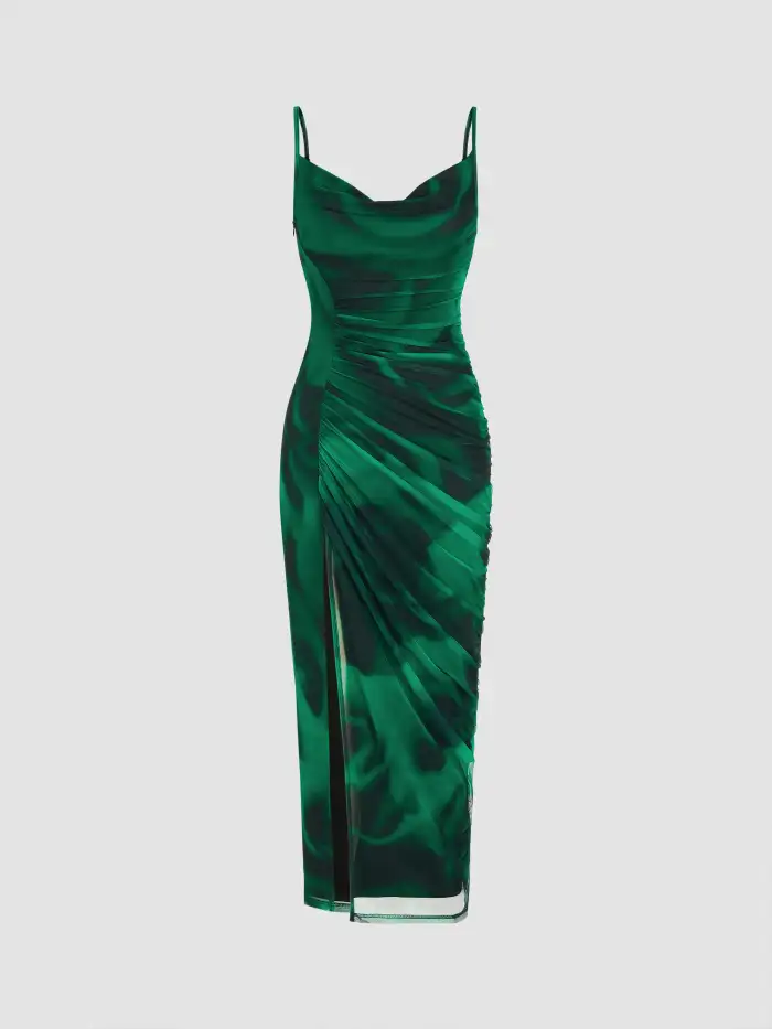 Floral Ruched Mesh Maxi Dress