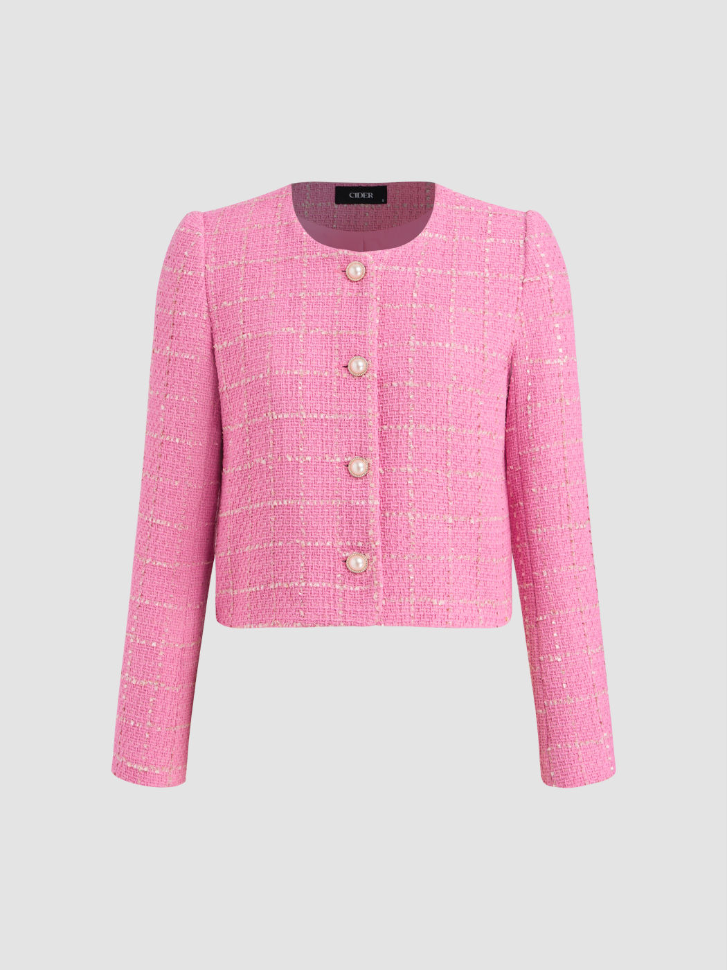Tweed Round Neckline Faux Pearl Button Jacket