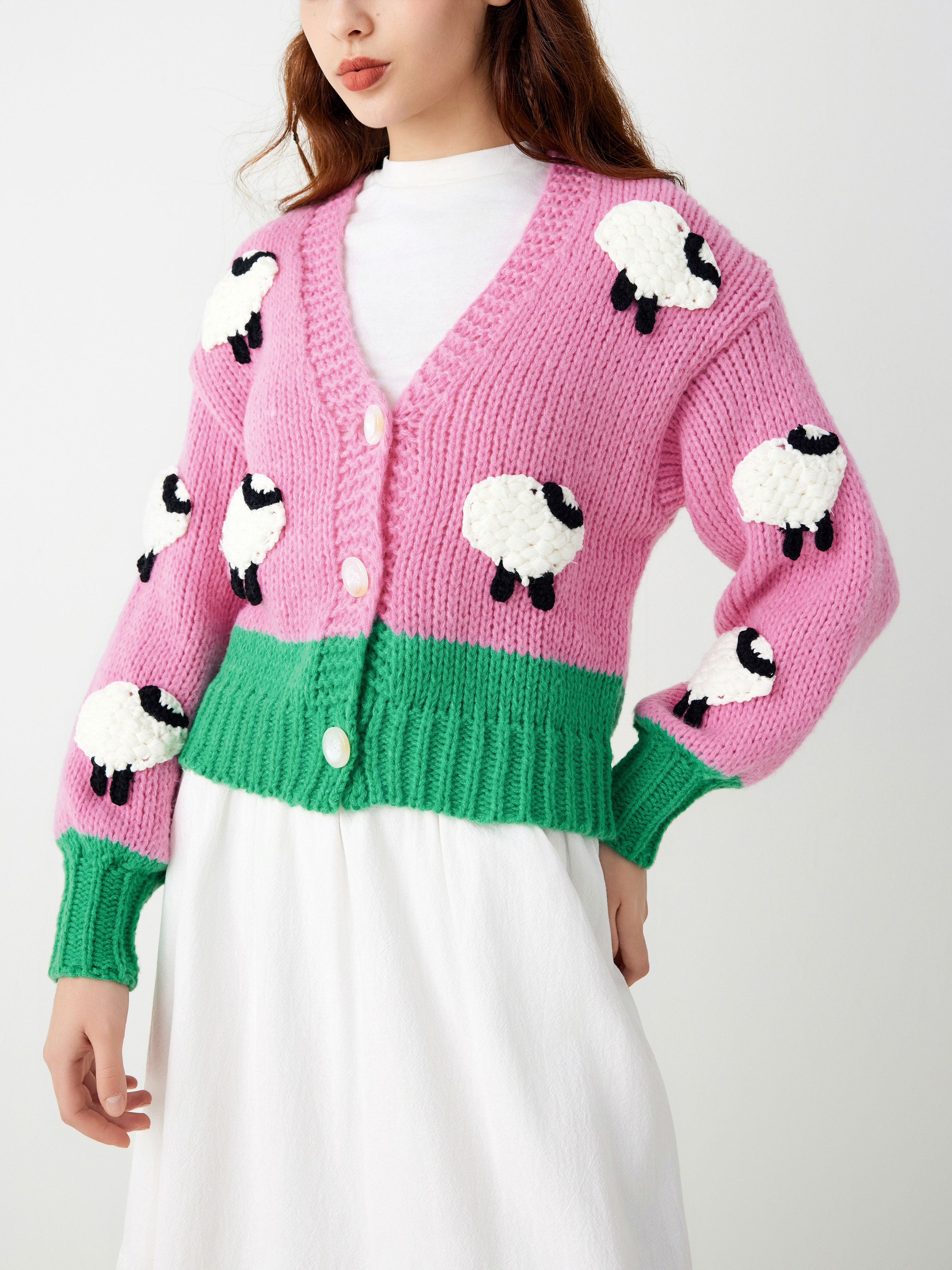 Knit Fabric V-neck Sheep Button Patchwork Cardigan For