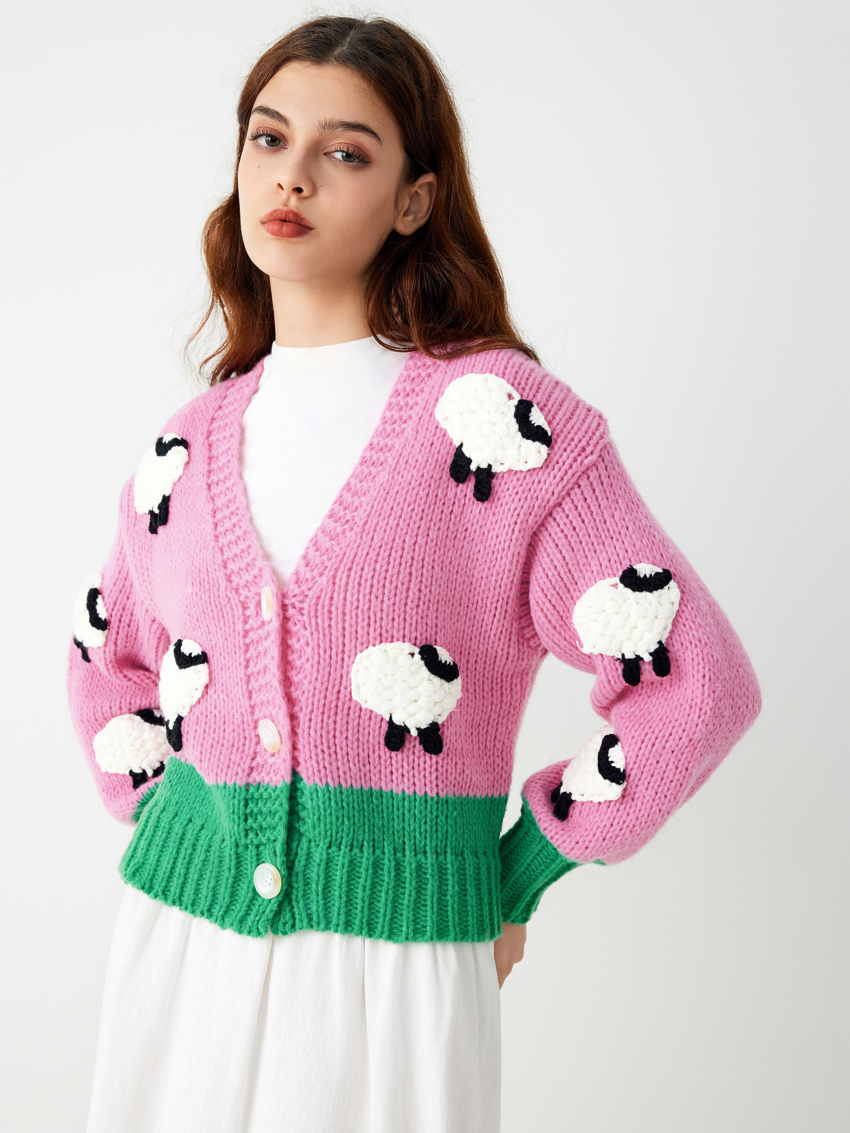 V-neck Sheep Button Patchwork Cardigan