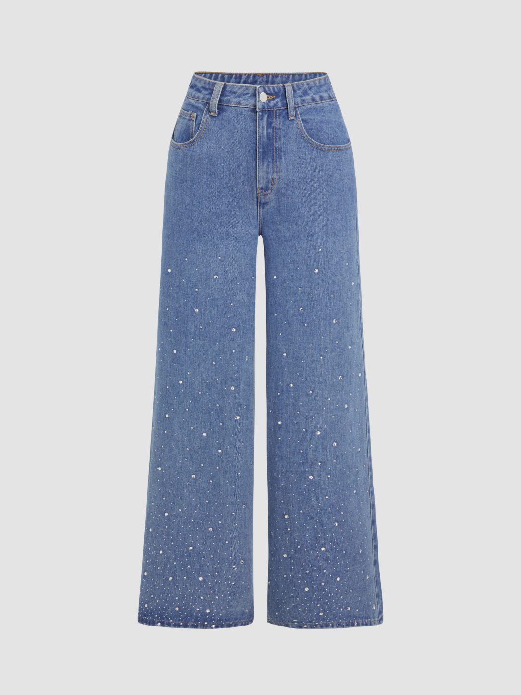 Middle Waist Solid Rhinestone Pocket Wide Leg Jeans Cider