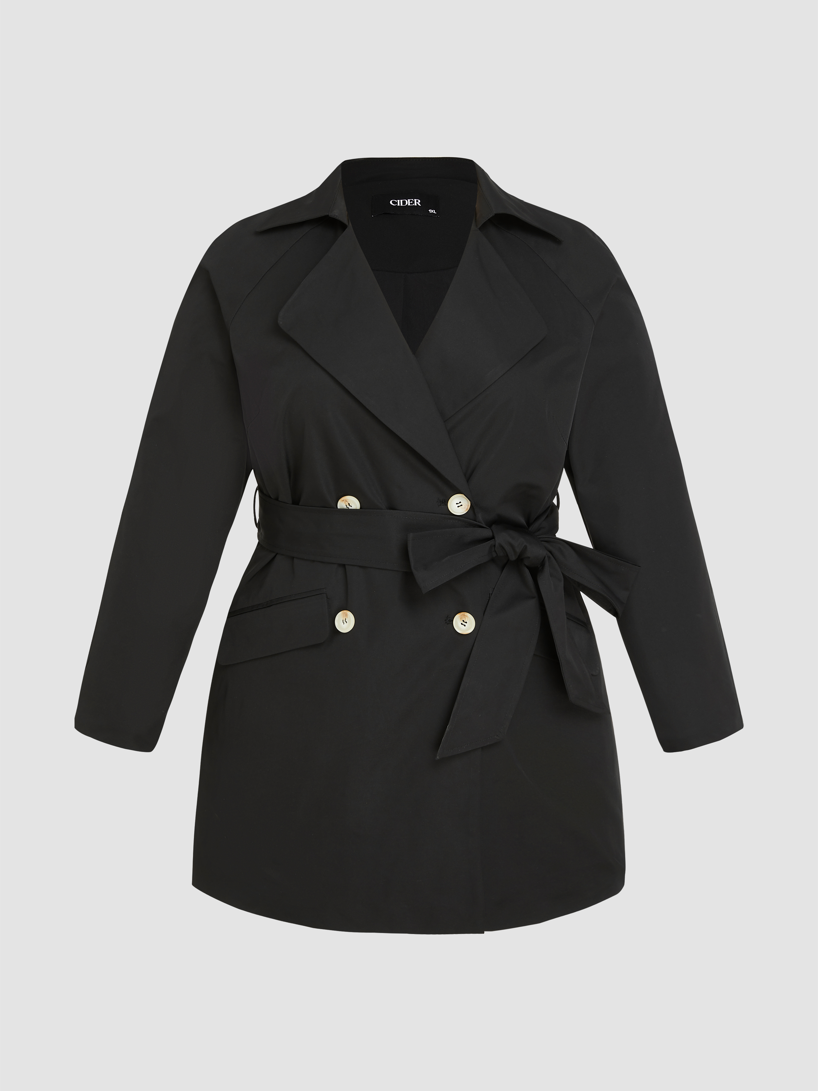 Solid Collar Button Trench Coat With Belt Curve & Plus Cider