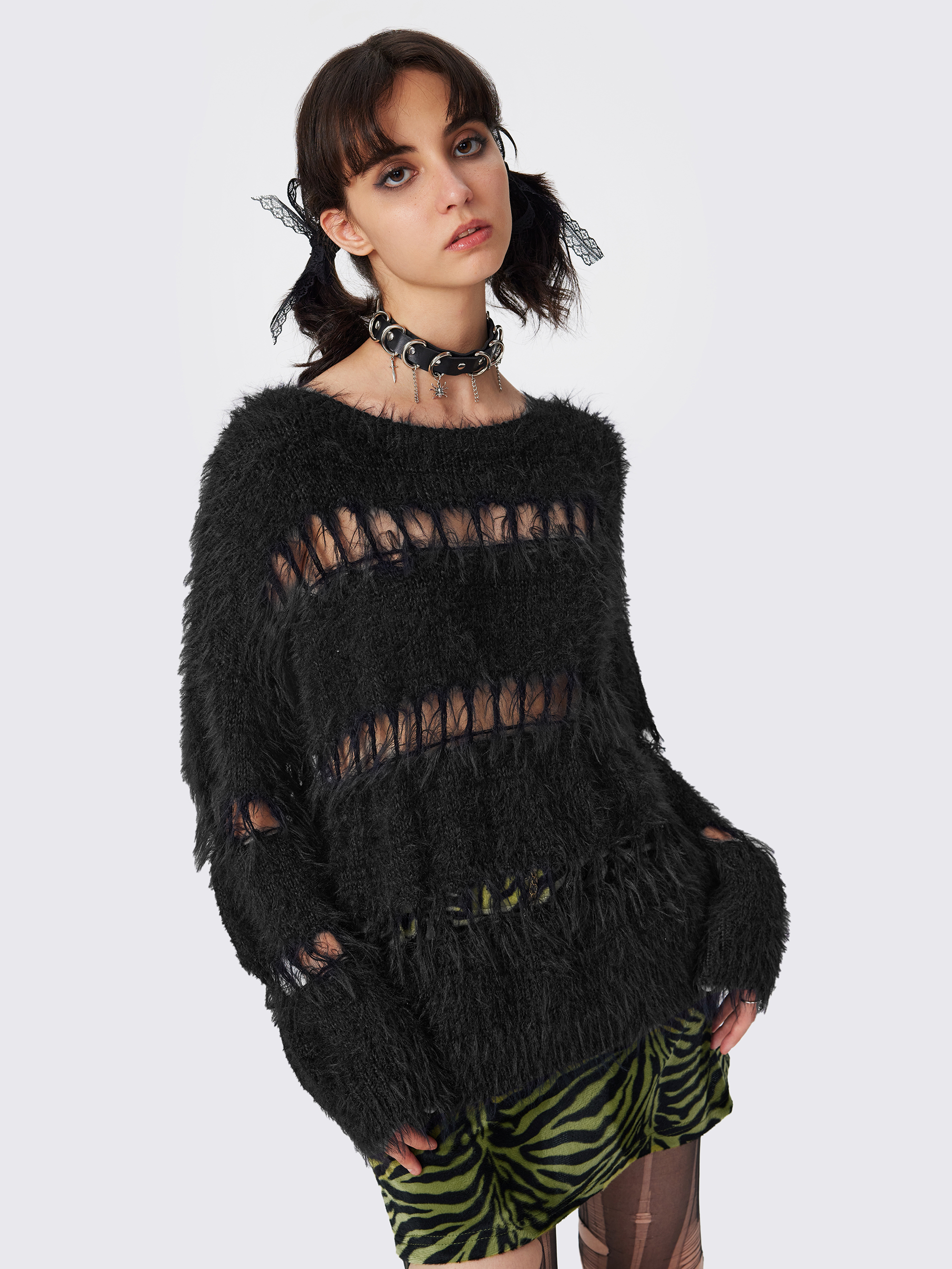 Knit Fabric Knit Hollow Out Fuzzy Top For Daily Casual