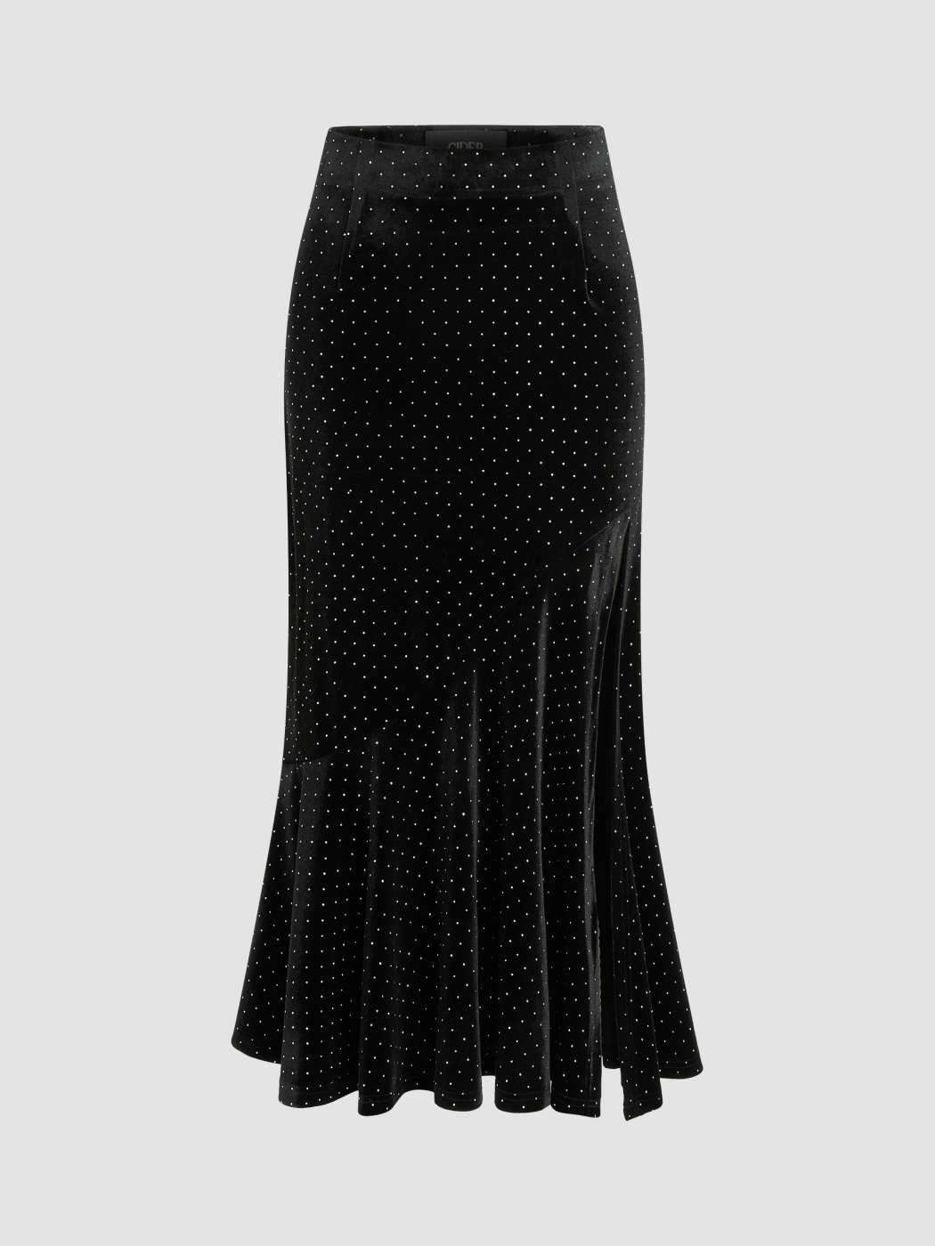Velours Velvet Rhinestone Solid Split Mermaid Midi Skirt For