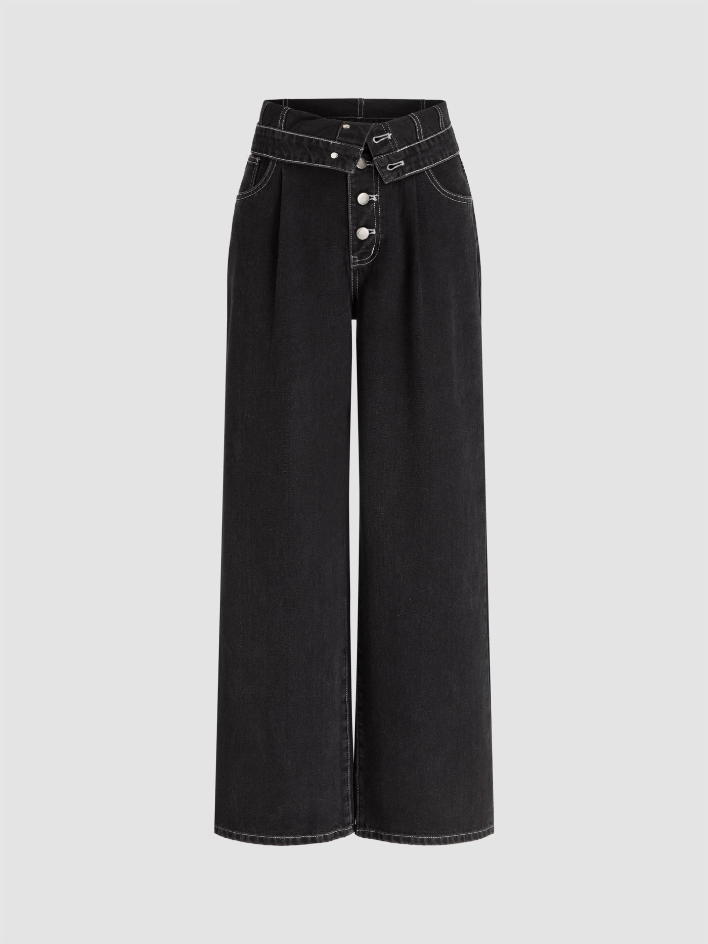 Mid Waist Solid Stitch Pocket Wide Leg Jeans