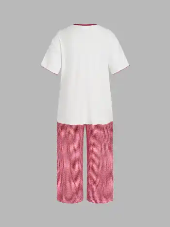  Bär Herz Kurzärmliges Oberteil & Mittlere Taille Karo Hosen Loungewear Set Kurve & Plus