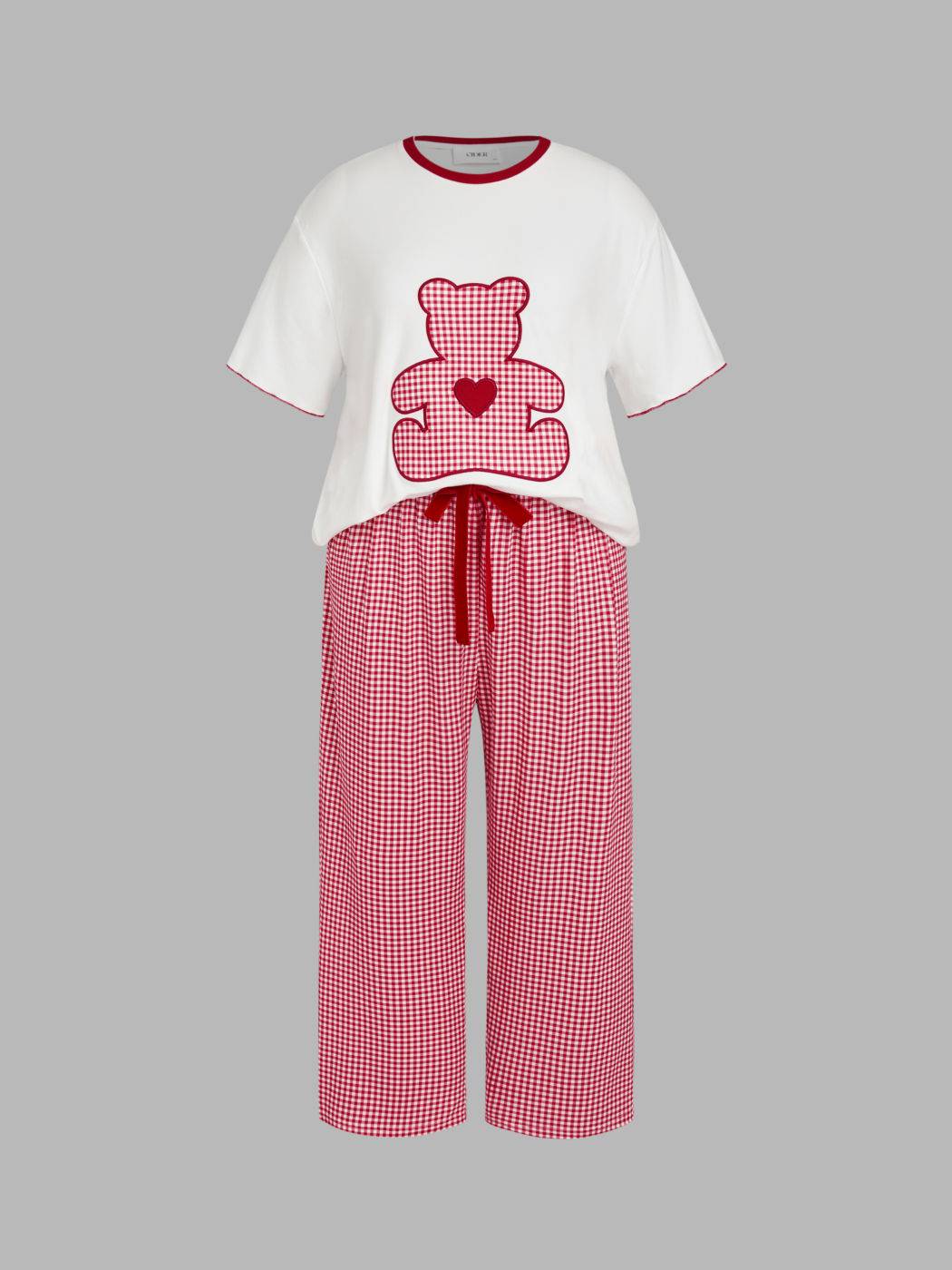 Bear Heart Short Sleeve Top & Middle Waist Check Trousers Loungewear Set Curve & Plus