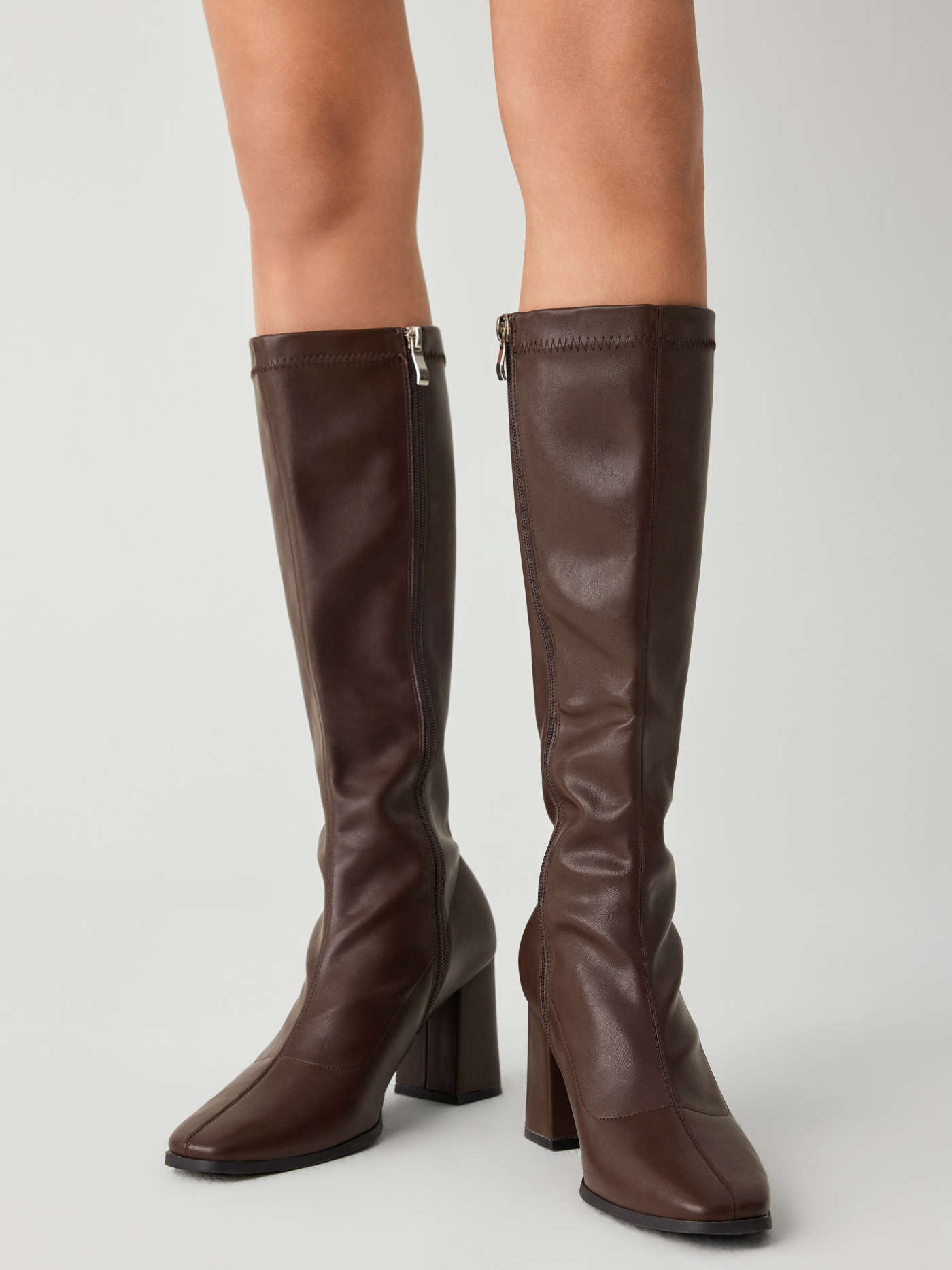 Preppy Classic Chunky Heeled Faux Leather Knee High Boots For Daily Casual Date Coffee Shop Work