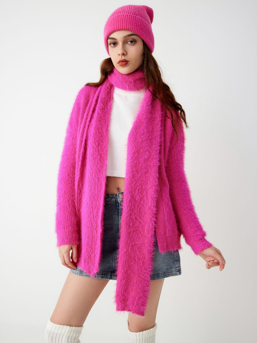 Fuzzy V-neck Solid Cardigan With Scarf