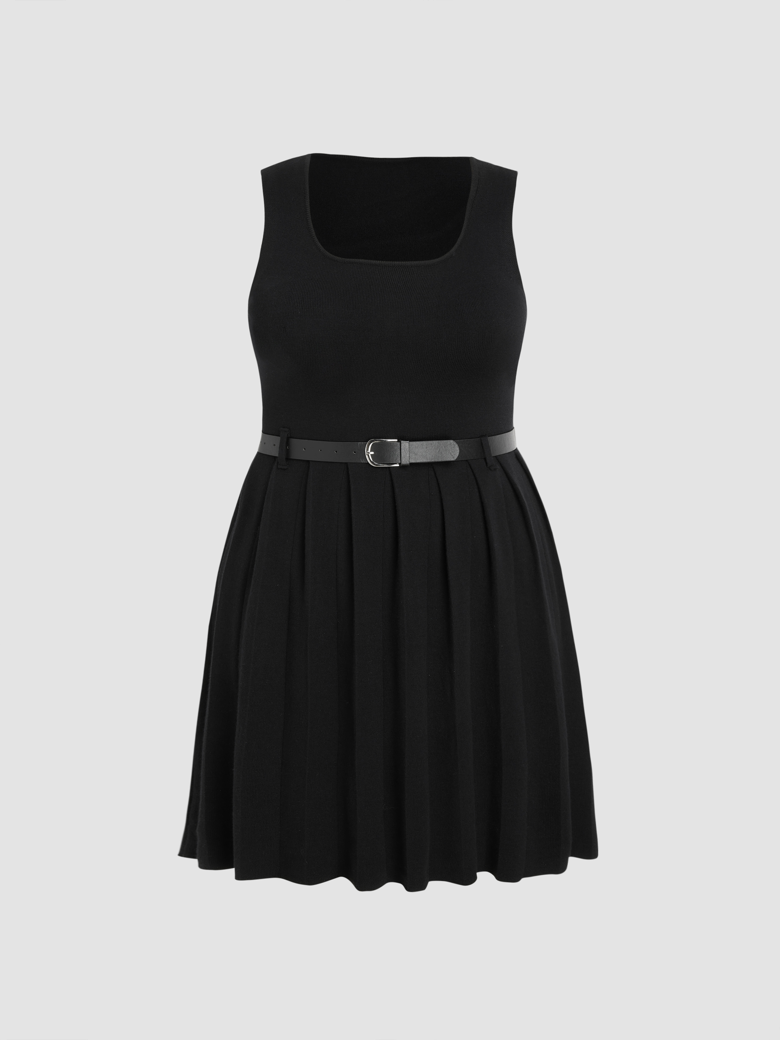 Knit U-neckline Pleated Mini Dress With Belt Curve & Plus