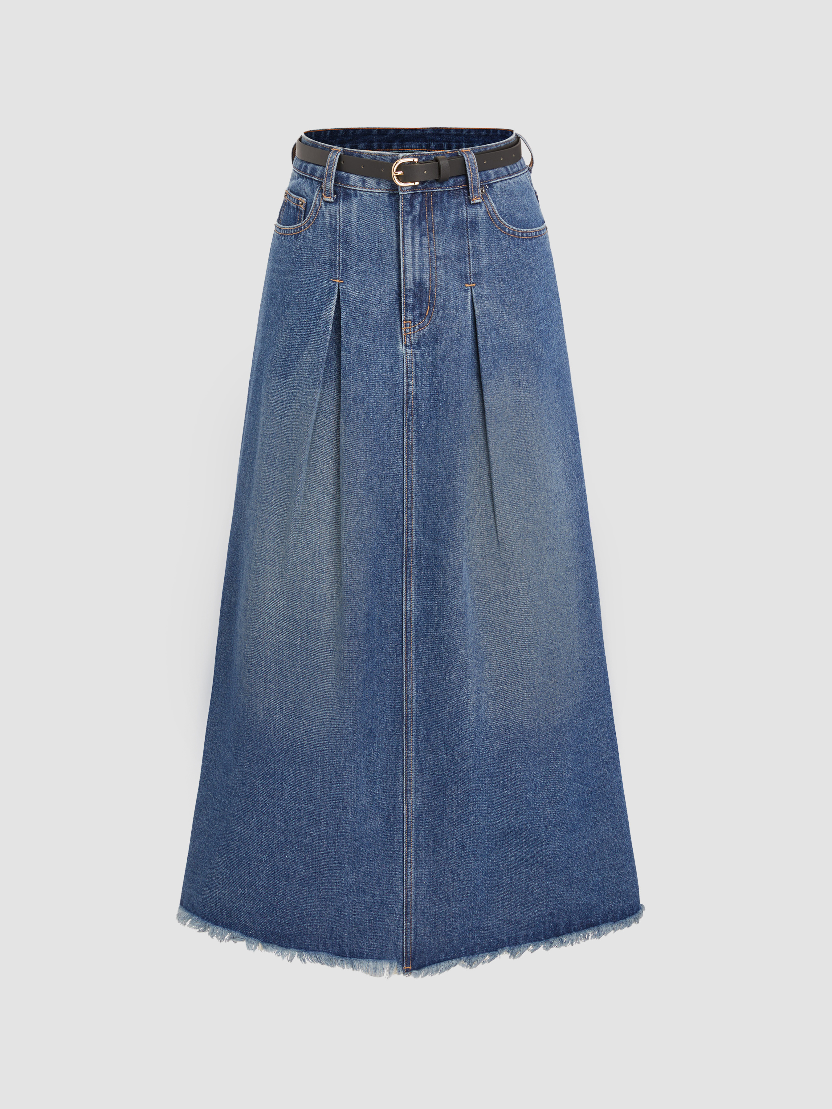 Denim High Waist Pleated Belted Maxi Skirt - Cider
