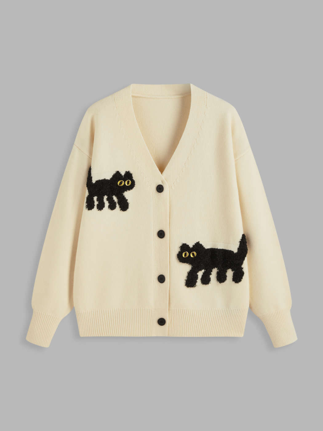 ニット生地 Vネック猫柄ボタンニットカーディガン For デイリー 