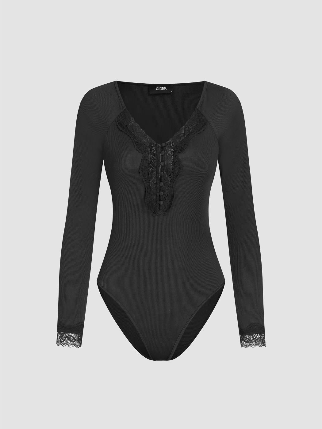 V-neck Solid Lace Trim Button Bodysuit