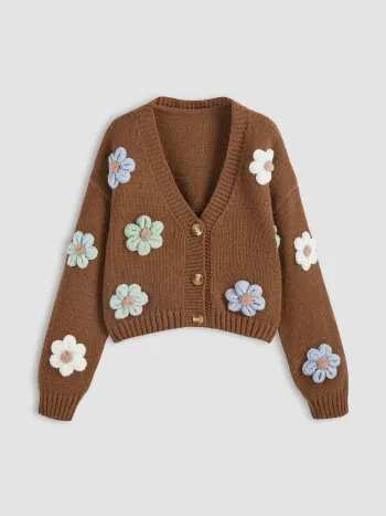 V-Ausschnitt Knopf Blumen Strickjacke