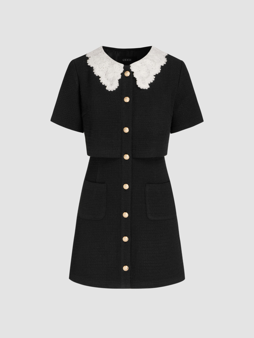 Tweed Collar Solid Lace Mini Dress - Cider