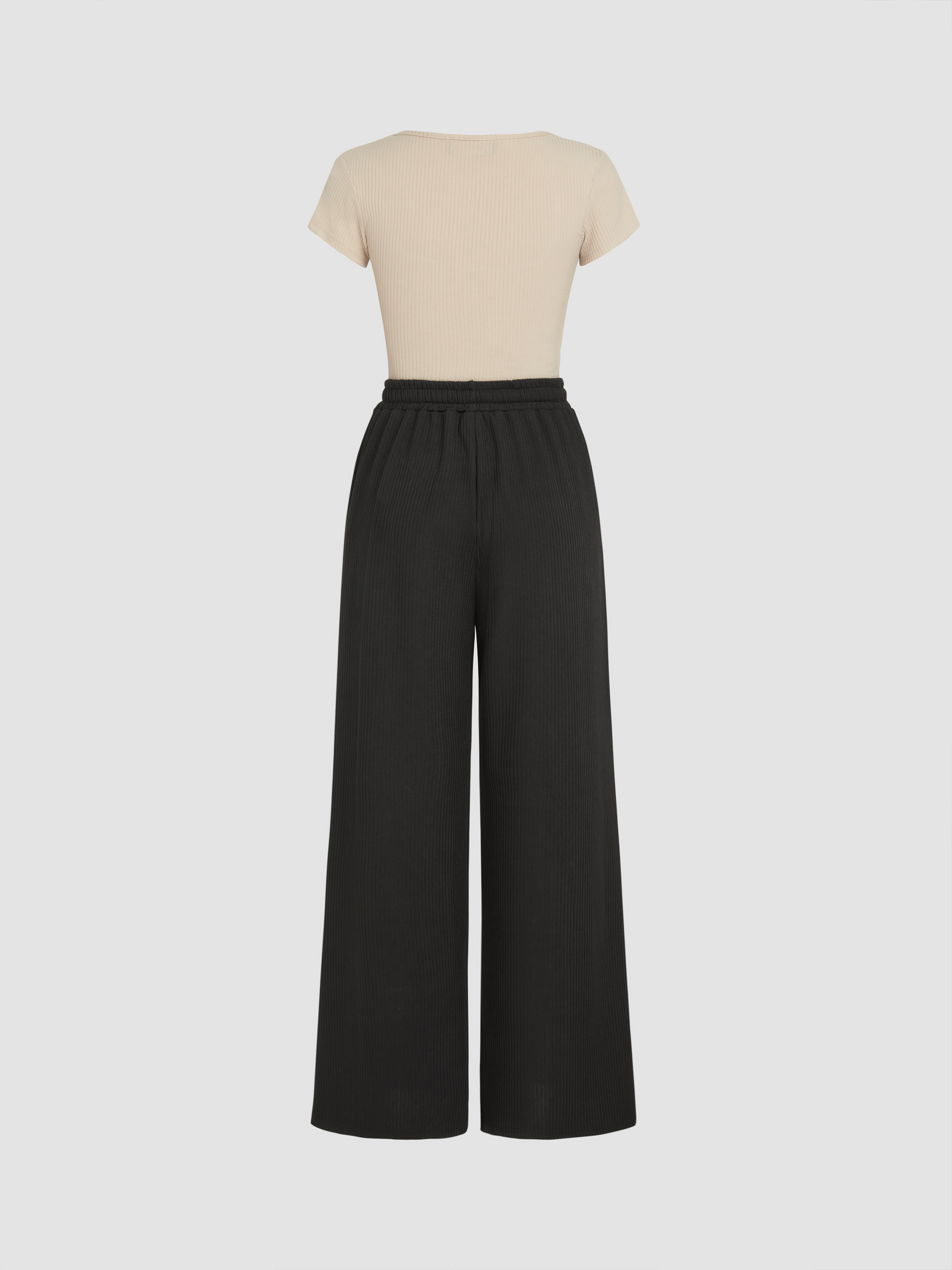 U-neckline Bodysuit & Elastic Waist Wide Leg Pants Set