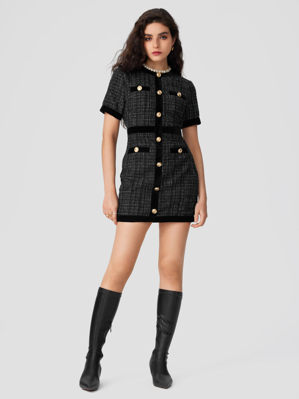 Tweed Round Neckline Solid Metallic Button Mini Dress