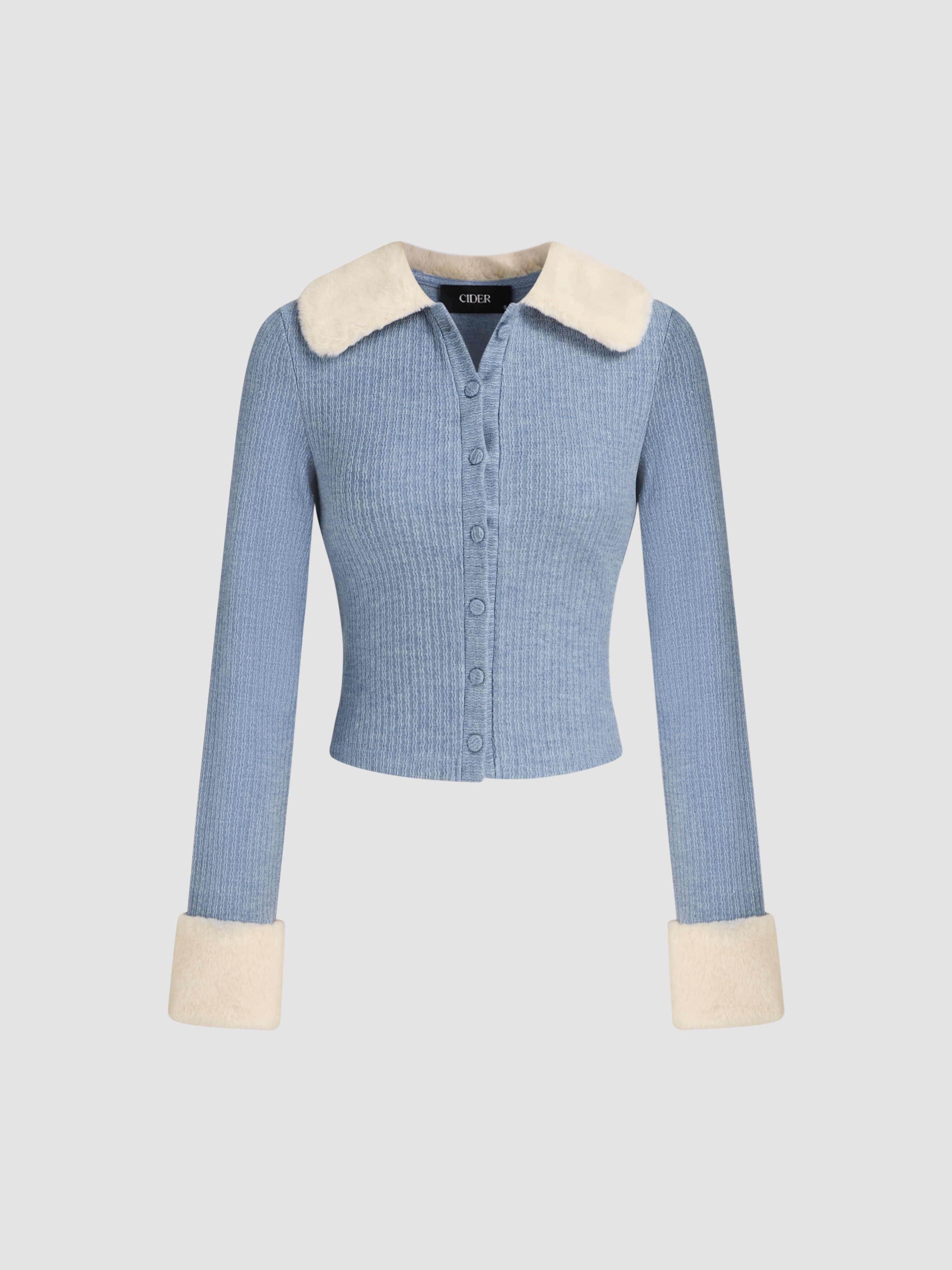 Trency Faux Fur V Neck Button Up Long Sleeve Rib Knit Crop Cardigan main image 1
