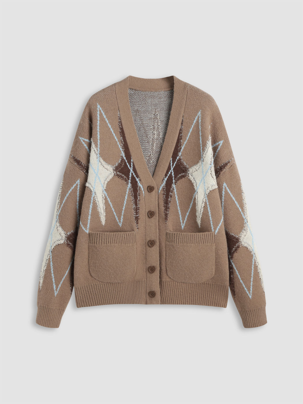  Strick V-Ausschnitt Argyle Tasche Strickjacke