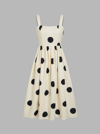 Square Neck Polka Dot Ruffle Midi Dress For Coffee Shop Exhibition Date