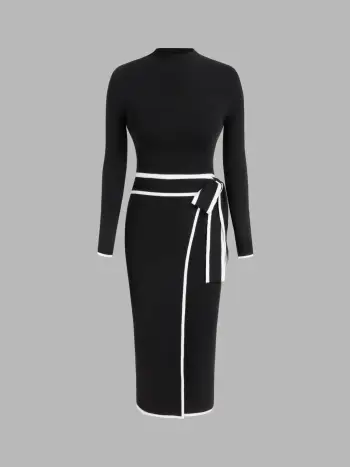 Turtleneck Belted Bowknot Knitted Maxi Dress