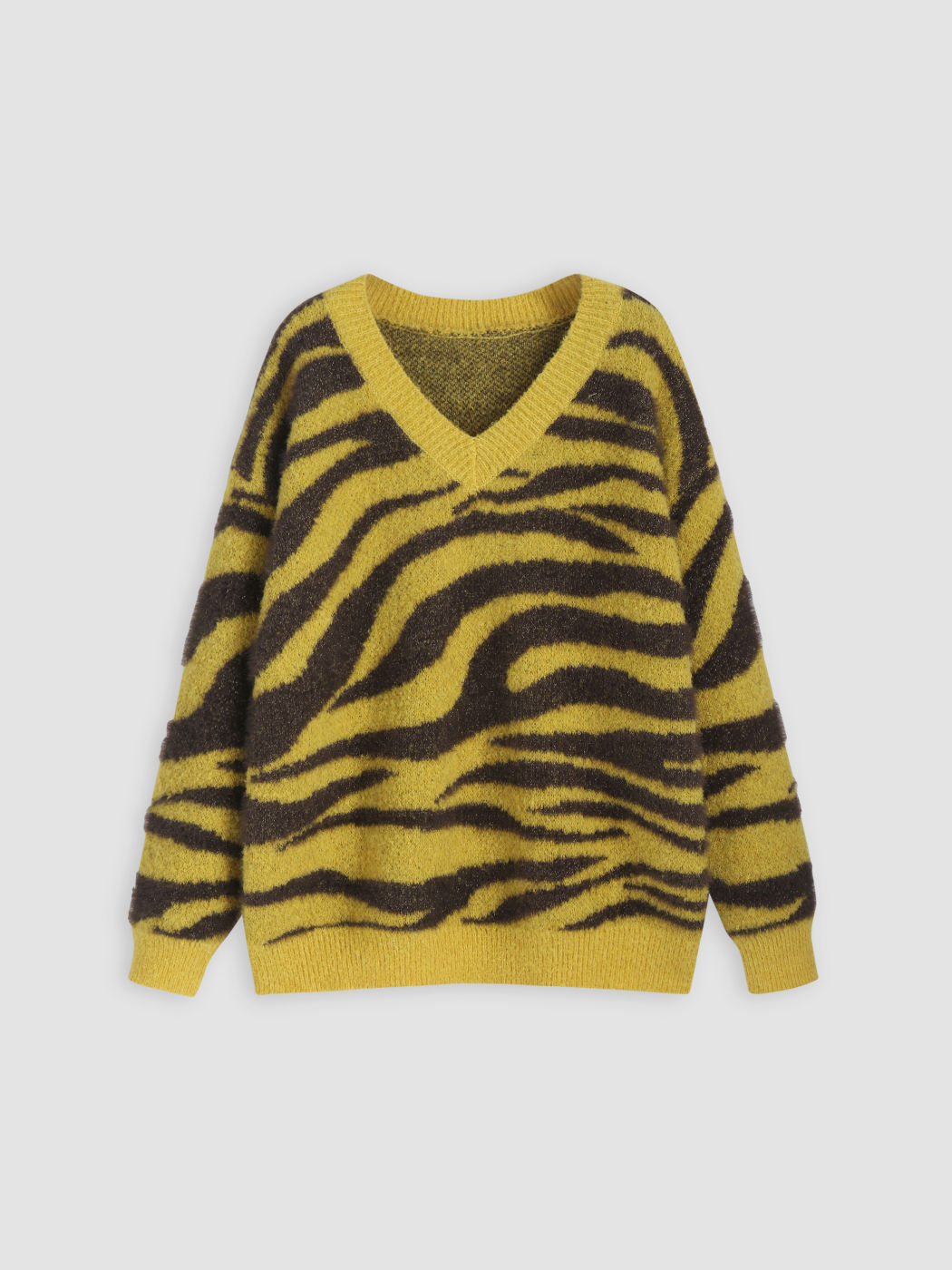 Fuzzy Knit V-neck Zebra Stripe Long Sleeve Top