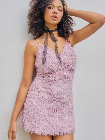  V-neck Backless Feather Mini Dress