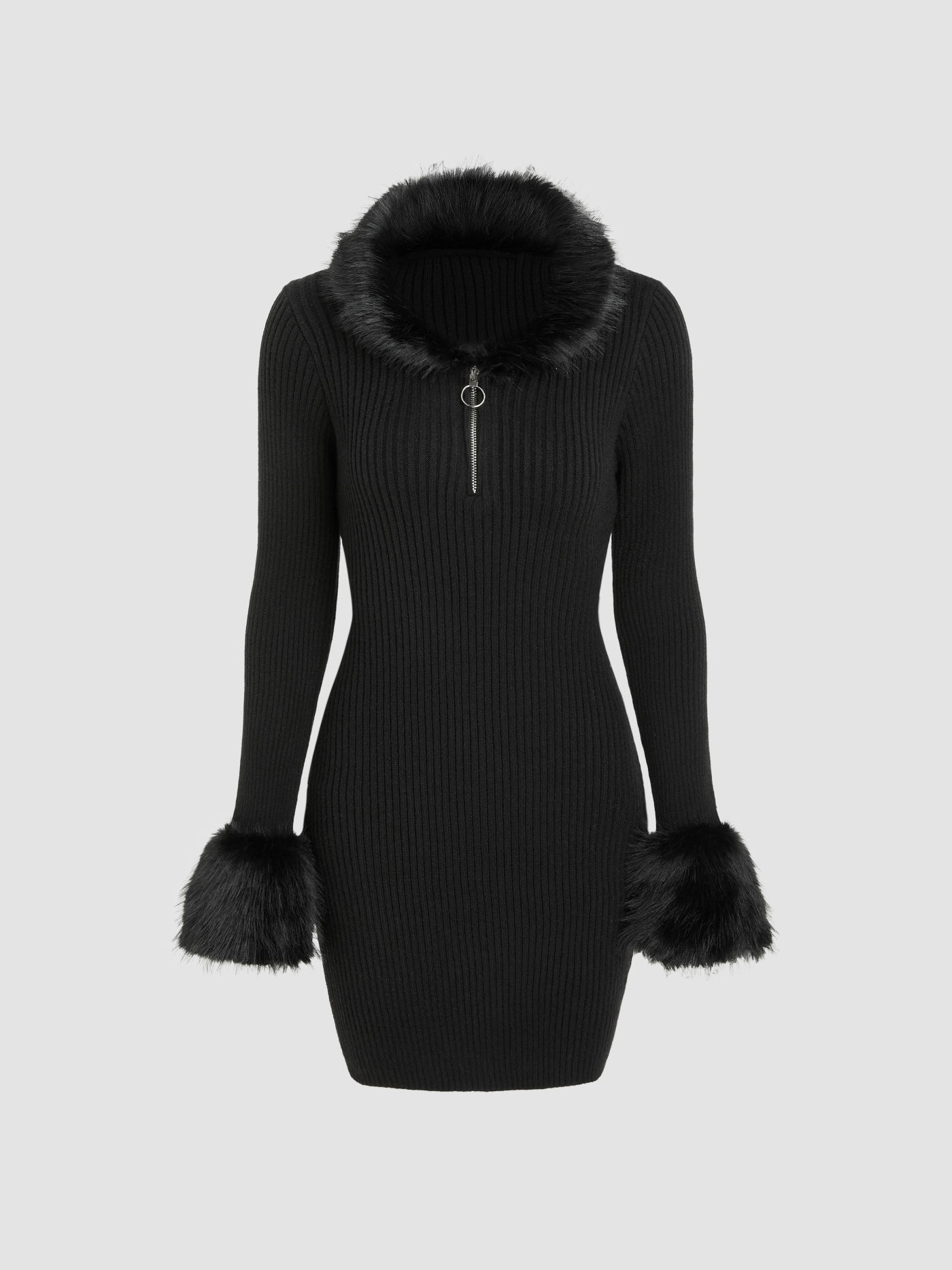 Faux Fur Patchy Zipper Knitted Mini Dress