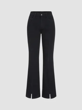 Hochdehnbare, hochbundige Jeans mit gleichmäßiger Farbe und ausgebreiteten Beinen