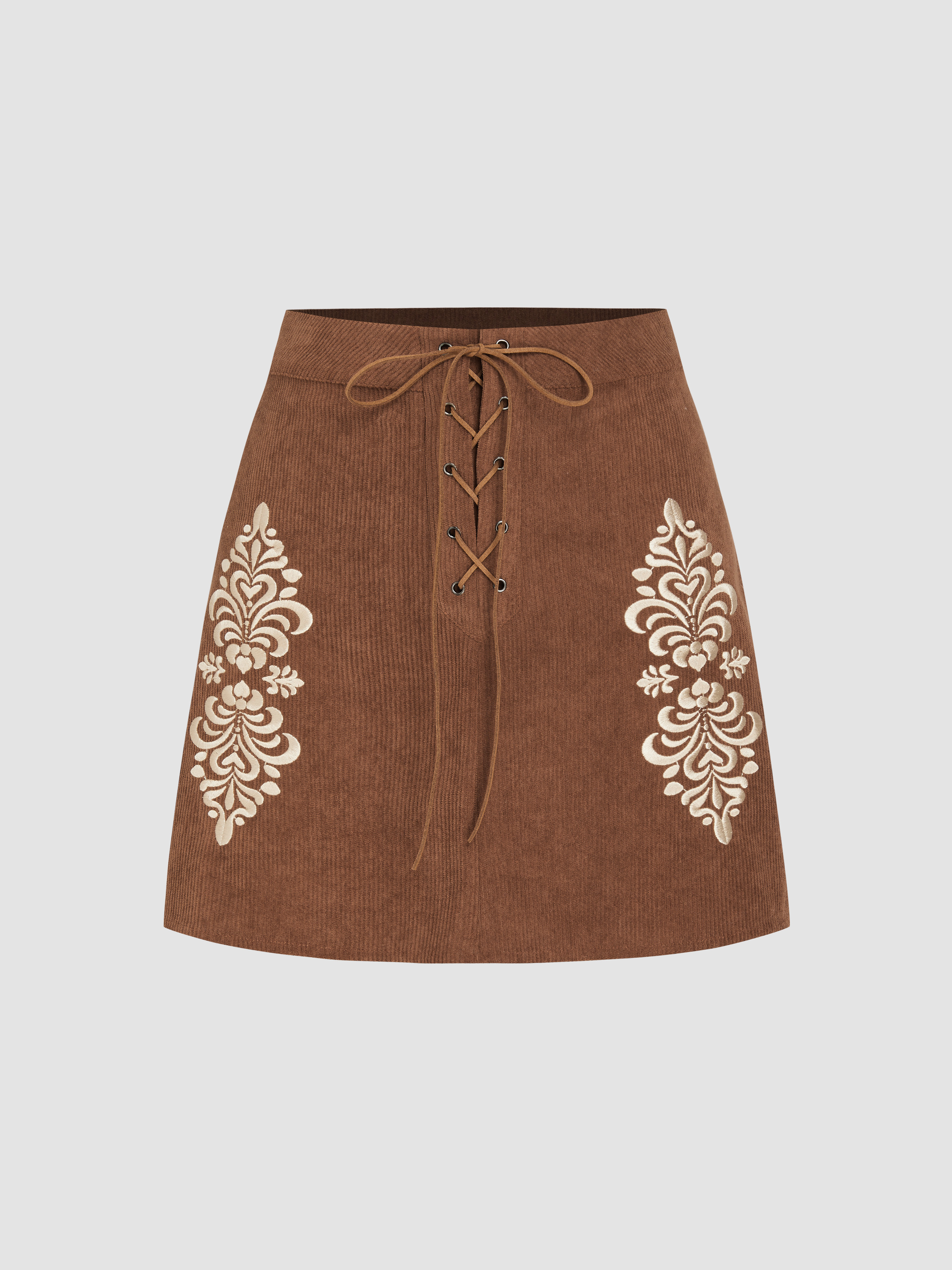 Corduroy Aztec Embroidery Lace Up Mini Skirt - Cider