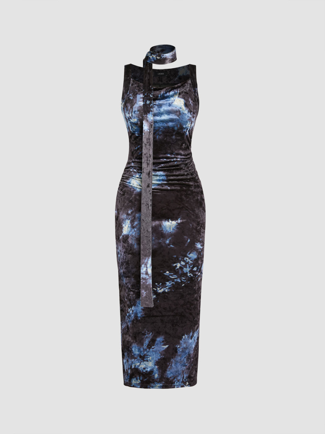  Vestido Midi de Terciopelo con Cuello Drapeado, Detalle Fruncido y Bufanda en Degradado