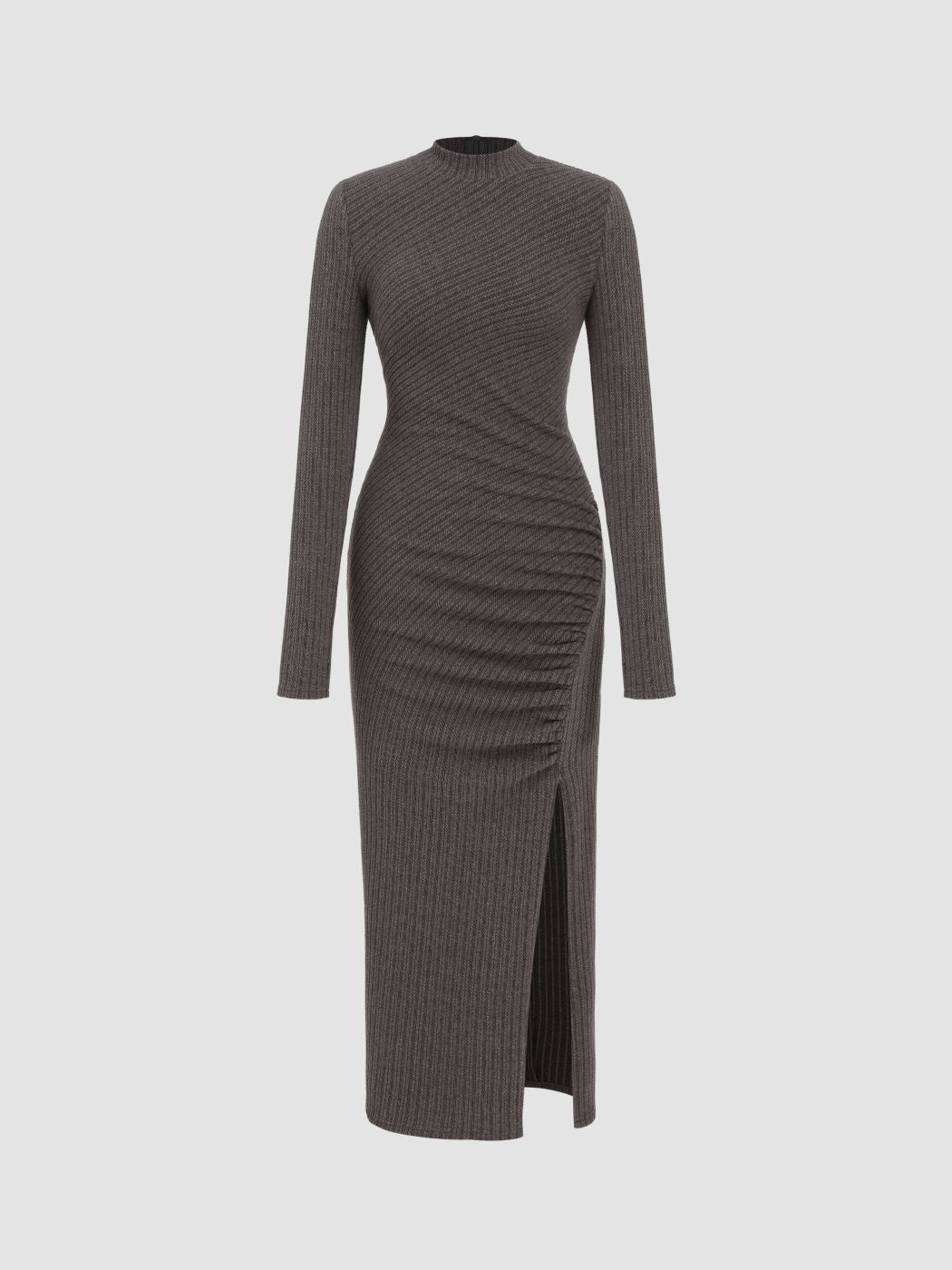 Rib Knit Stand Collar Asymmetrical Split Midi Dress
