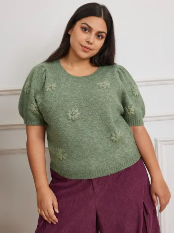  Rundhalsausschnitt Blumen Kurzärmlige Strickoberteile Kurve & Plus