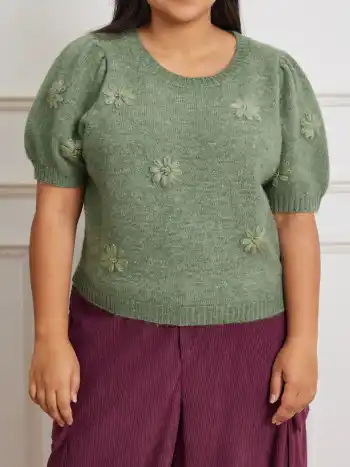  Rundhalsausschnitt Blumen Kurzärmlige Strickoberteile Kurve & Plus