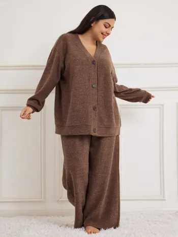  V-Ausschnitt Knopf Oberteile & Hohe Taille Ausgestellte Hosen Loungewear Set Kurve & Plus