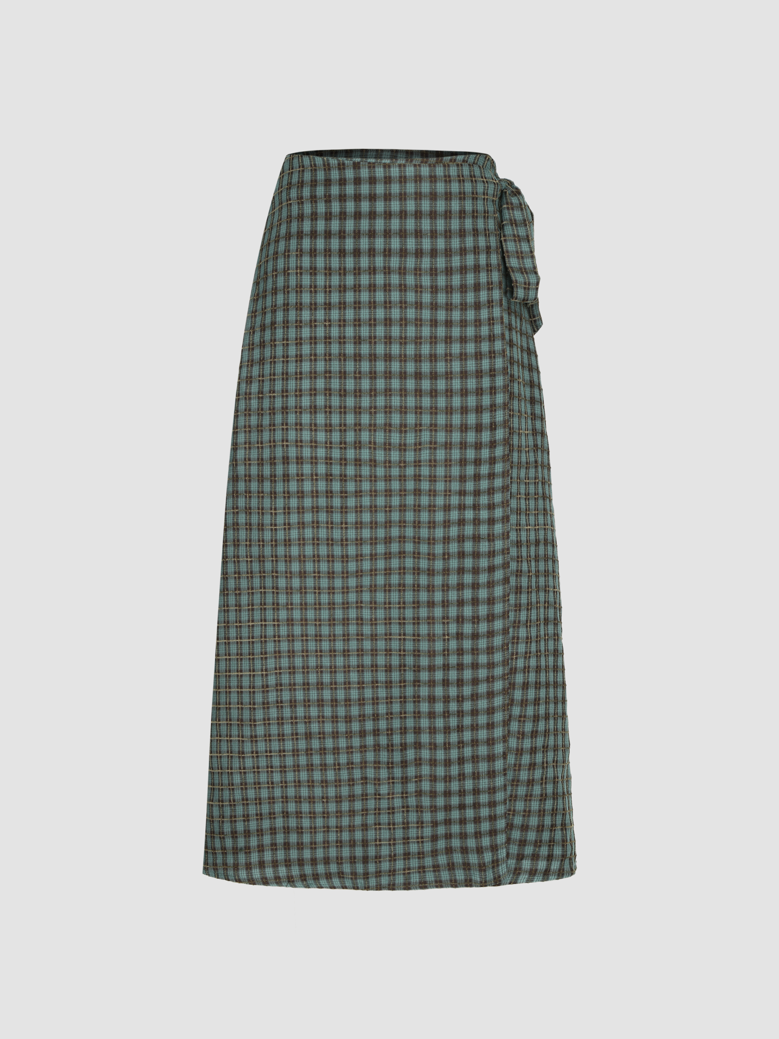 Middle Waist Check Wrap Maxi Skirt