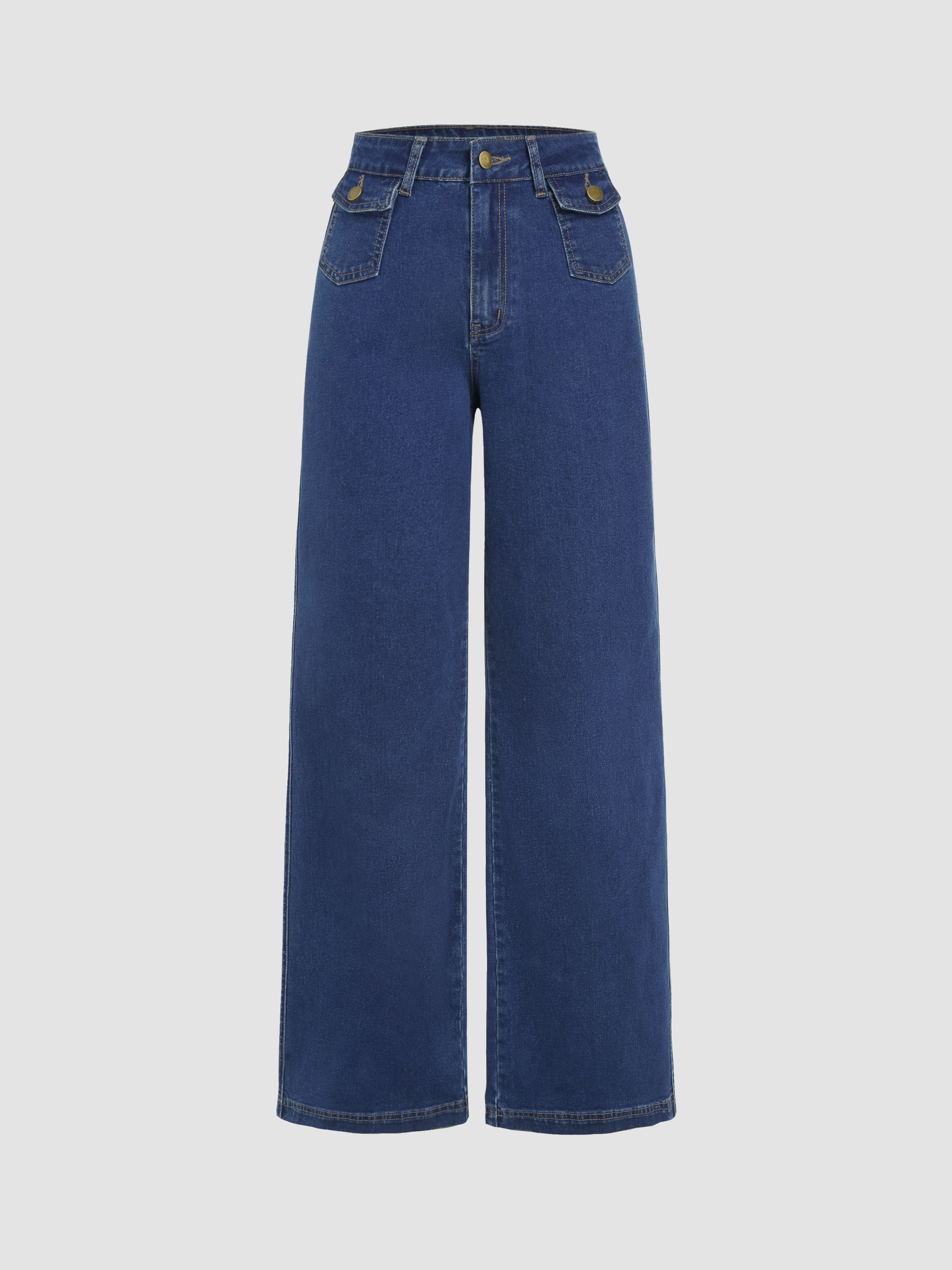 High Waist Solid Button Wide Leg Jeans