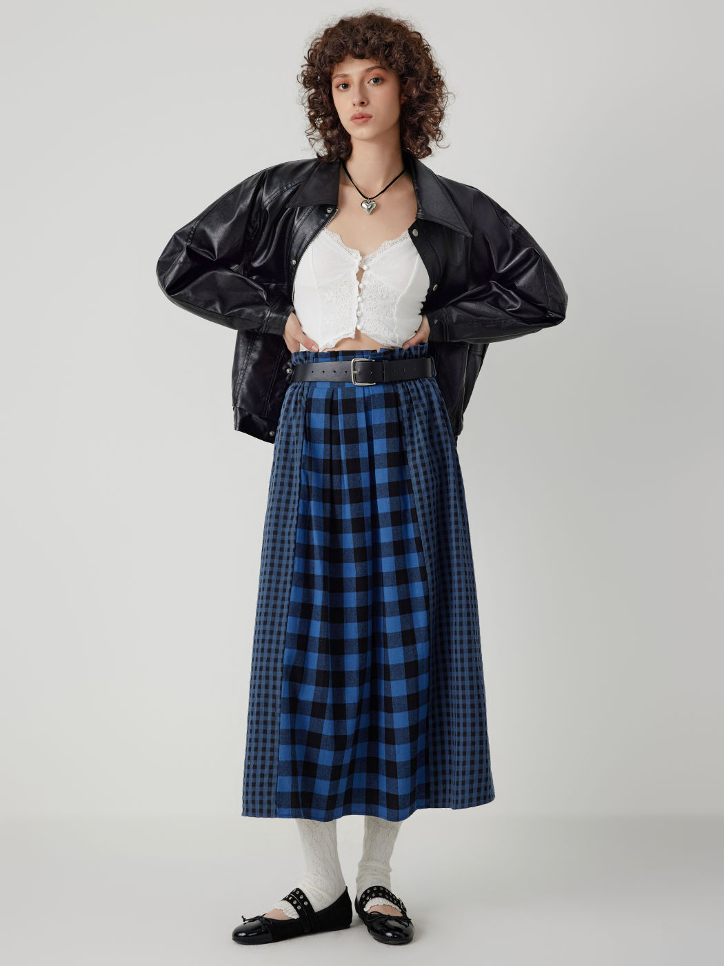 High Waist Plaid Patchy Belted Maxi Skirt
