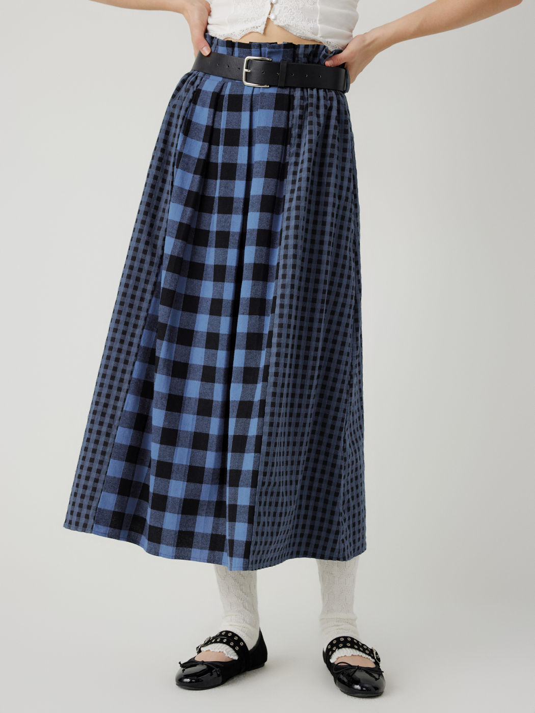 High Waist Plaid Patchy Belted Maxi Skirt