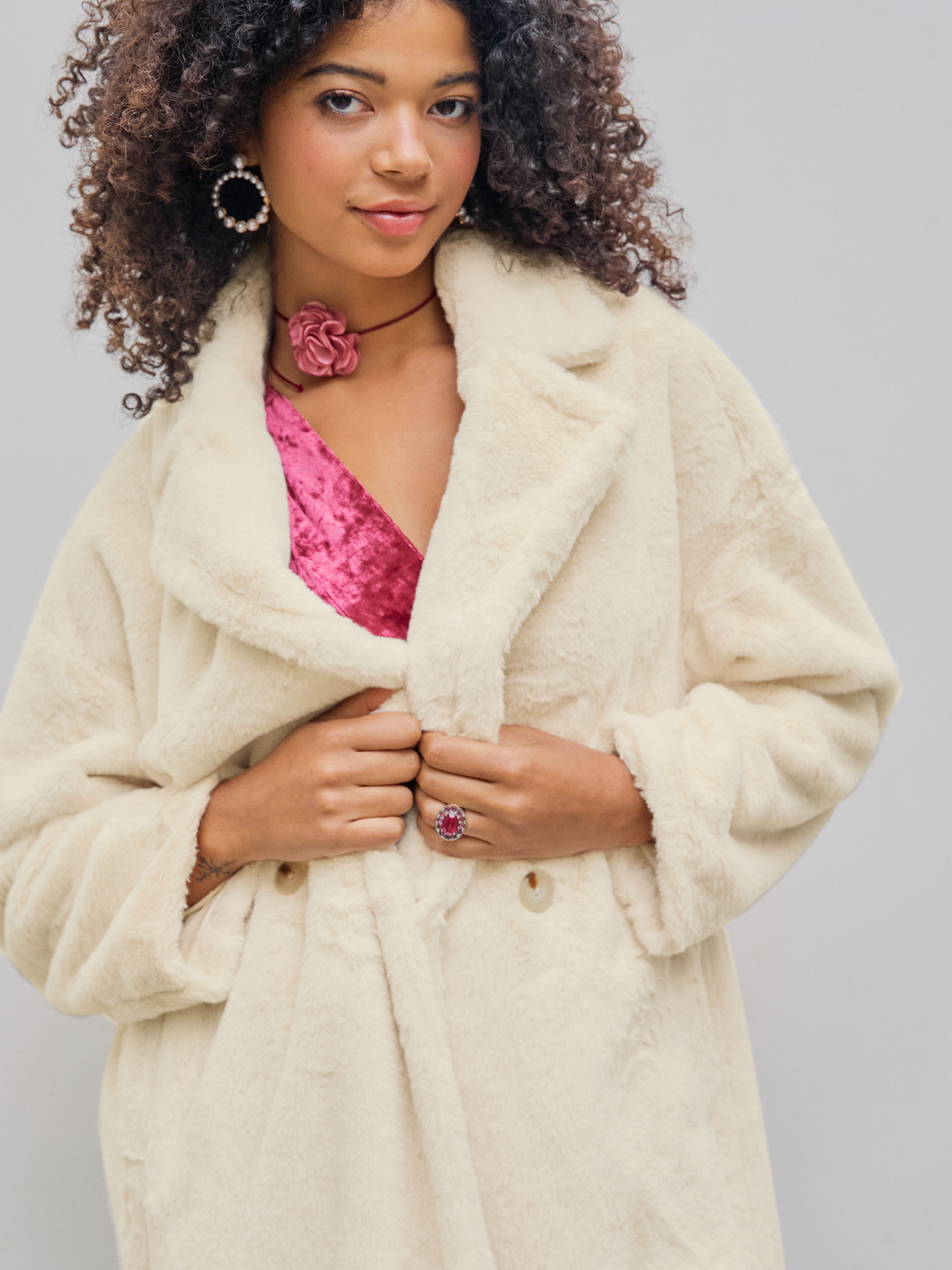 Faux Fur Faux Fur Double Breasted Coat For School Date