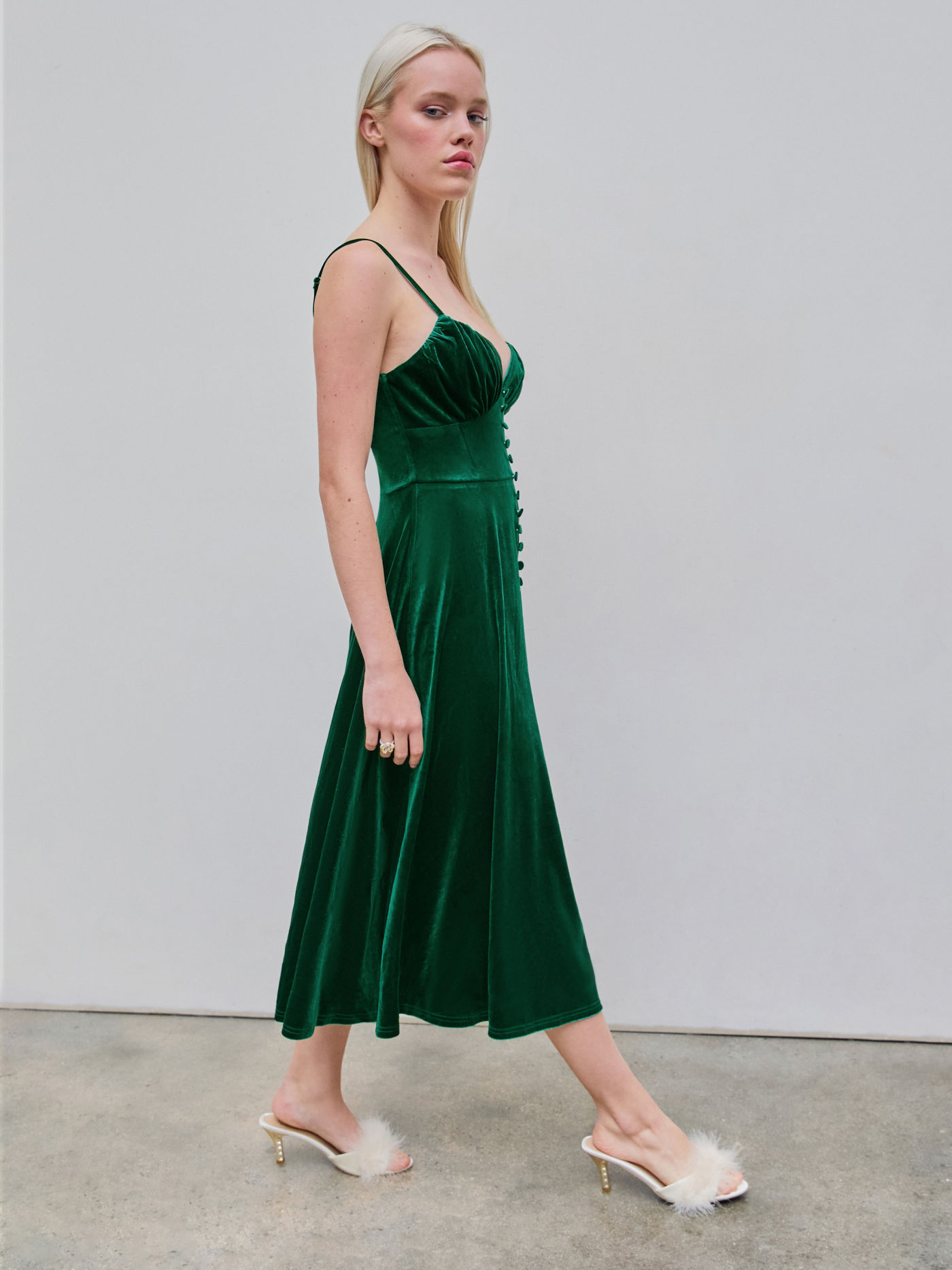 Velvet V-neck Solid Ruffle Midi Dress