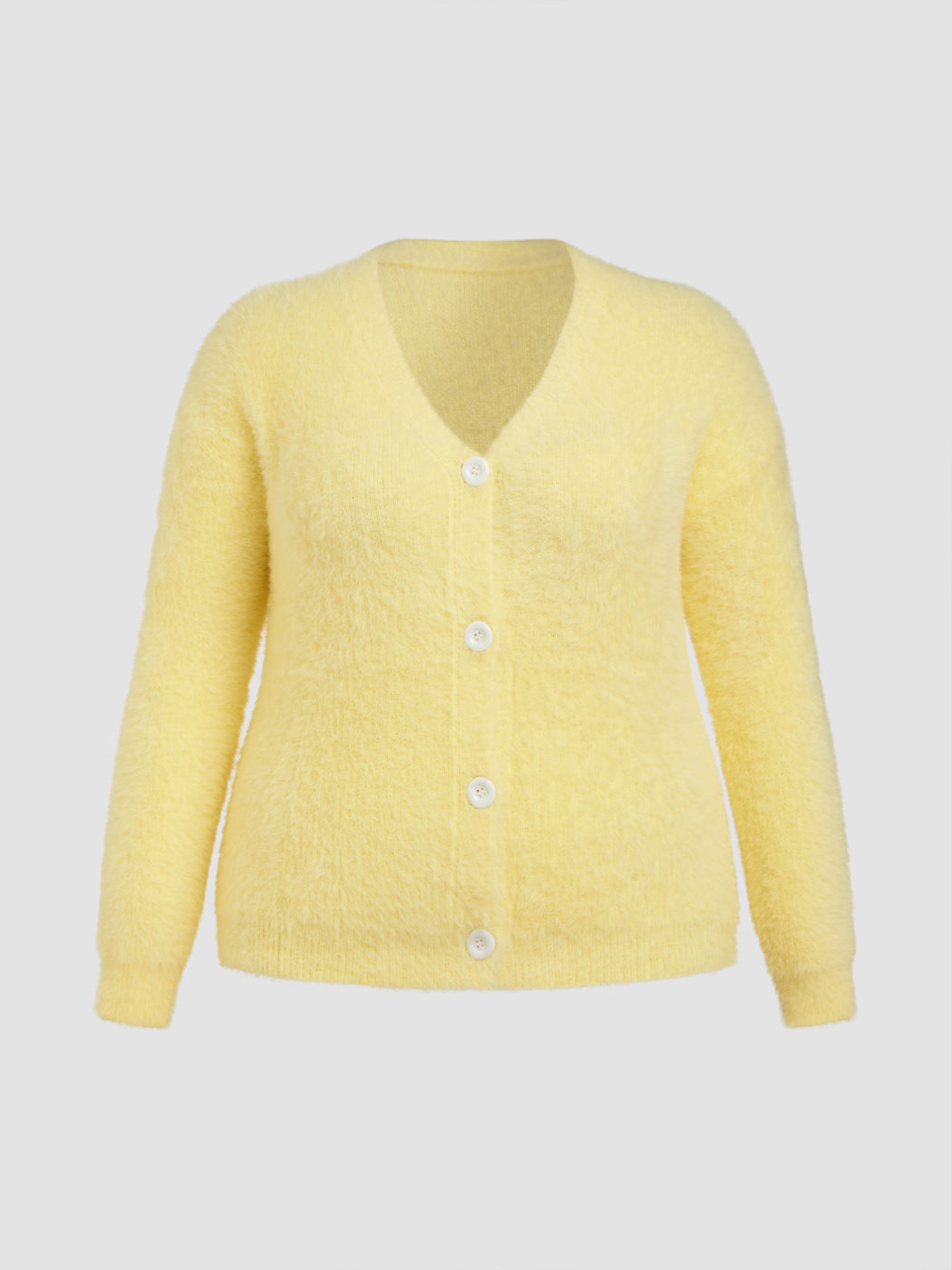 Knit Fuzzy V-neck Solid Cardigan With Scarf Curve & Plus